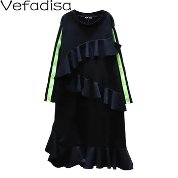 

Vefadisa Autumn Winter Black Women Ruffles Long Dress 2020 Long Sleeve Mid-Calf Dress Patchwork Pullover Dress Loose QYF4331