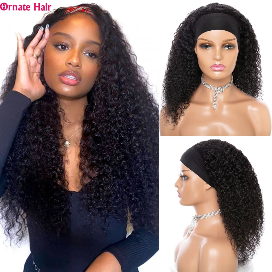 Mongolian Kinky Curly Wig Headband Wig Curly Human Hair Wigs for Black Women Ornate Hair Natural Color Curly Wig 150% Density
