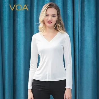

Voa Double-sided Knitted Silk Pure White V-neck Long-sleeved Pleated Waist Elastic Soft Bottoming Shirt B9339 Befree Tshirt
