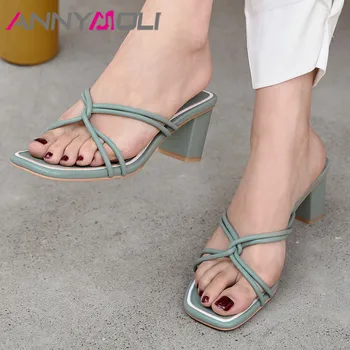 

ANNYMOLI Narrow Band High Heel Slides Women Slippers Square Toe Block Heels Shoes Lady Summer Causal Sandals Female Green Yellow