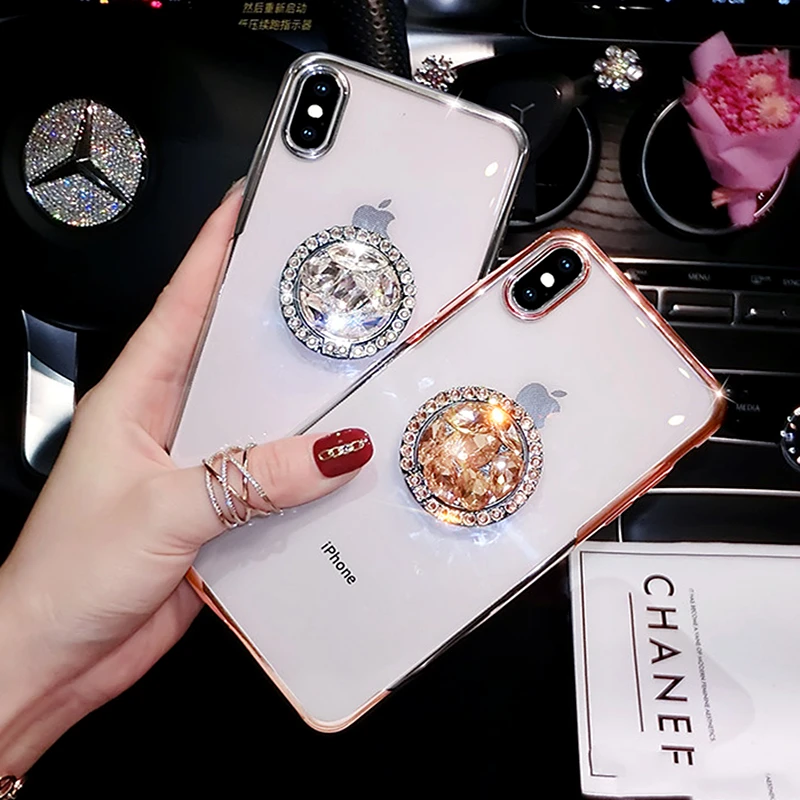 Electroplated Full Drill Bracket Phone Case For iPhone 7 Silicone XS MAX XR 6 6S 8 Plus Plating Glitter Diamond Clear Cover | Мобильные