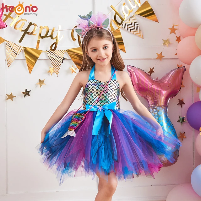 Sereia Infantil - Conjunto roupa sereia reutilizável para meninas  Vestido  tuprincesa com bandana, vestidos princesa para o aniversário Halloween  Tosier : : Moda