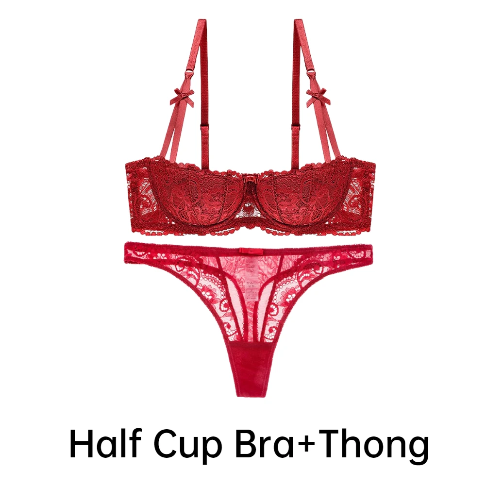 Sexy lingerie shell half cup underwire bra ladies embroidered lace underwear bra + thong panties 2 piece set ladies underwear sets Bra & Brief Sets