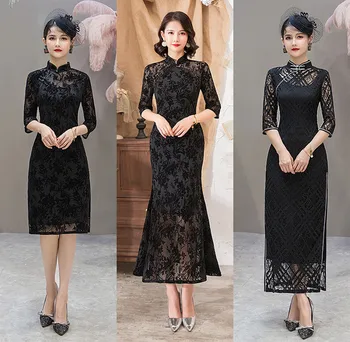 

2020 chinese dress qipao dress lace cheongsam transparent erotic costumes dress Hollow carved lace mandarin collar modern robe