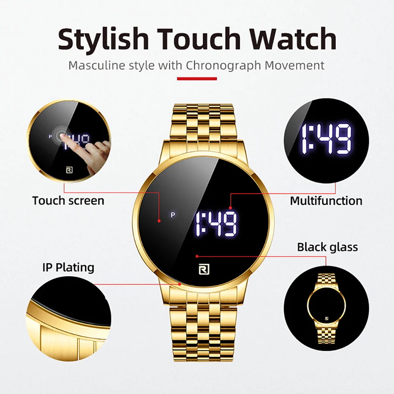 Reward Men's Digital Wristwatch Full Touch Screen Sport Waterproof Wrist Watch Luxury Stainless Steel Watches Timepiece for Men