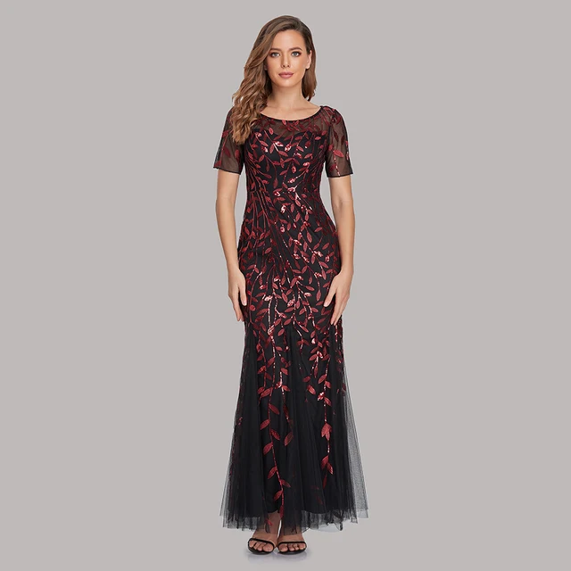 Plus Size Evening Dresses Mermaid O Neck Short Sleeve Lace Appliques Tulle Long Party Gown Robe Soiree Sexy Formal Dress vestido Black  Red