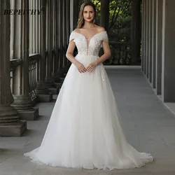 BEPEITHY A Line Off The Shoulder Sleeveless Chic Boho Wedding Dresses For France Women V Neck Lace Elegant  Uk Girls Bridal Gown