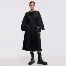 Ladyfirsy черный ZA оснастки юбки корейский личности размера плюс консервативный стиль плиссированные талии с поясом Женская юбка