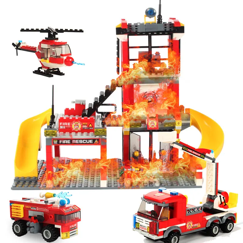 

979 Pcs Fire Fighting Trucks Helicopter Building Blocks Creative City Firefighter action figures Bricks constructor children Toy