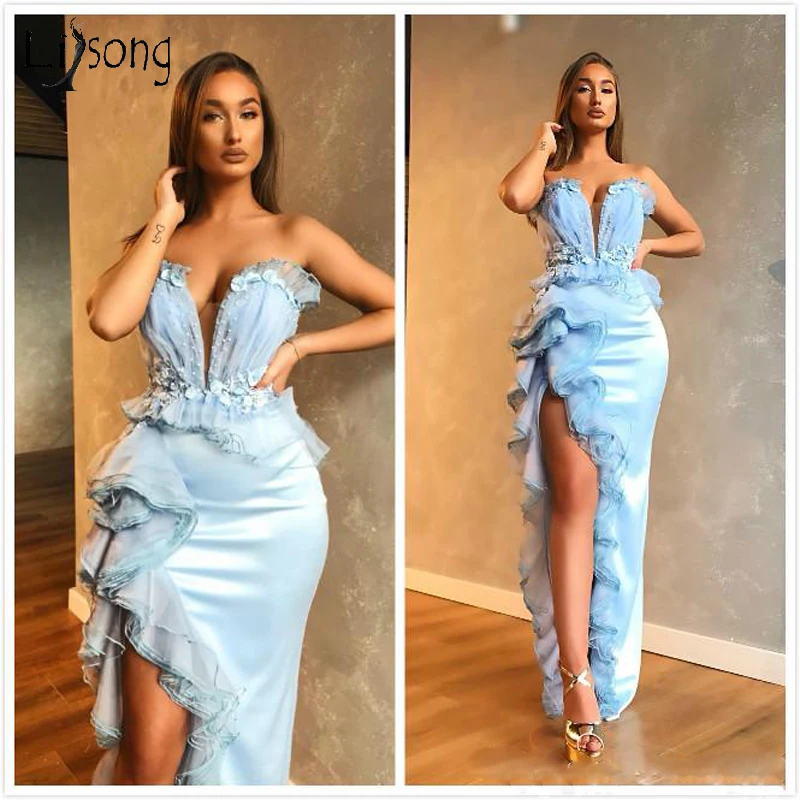 

2019 Arabic Aso Ebi Sky Blue Evening Dress Lace Beaded Ruffled High Split Prom Dresses Long Sweetheart Formal Party Gowns