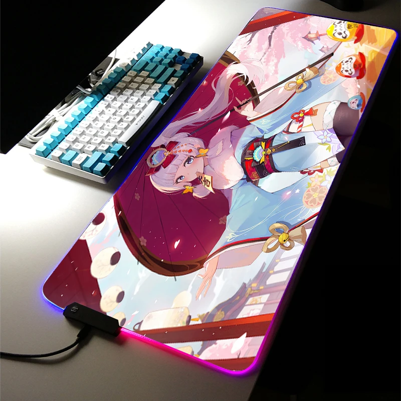 

RGB LED Light Gaming Accessories Anime Cute Girl Ayaka Genshin Impact MousePads Large Mechanica Keyboard Game Desk Mat for LOL