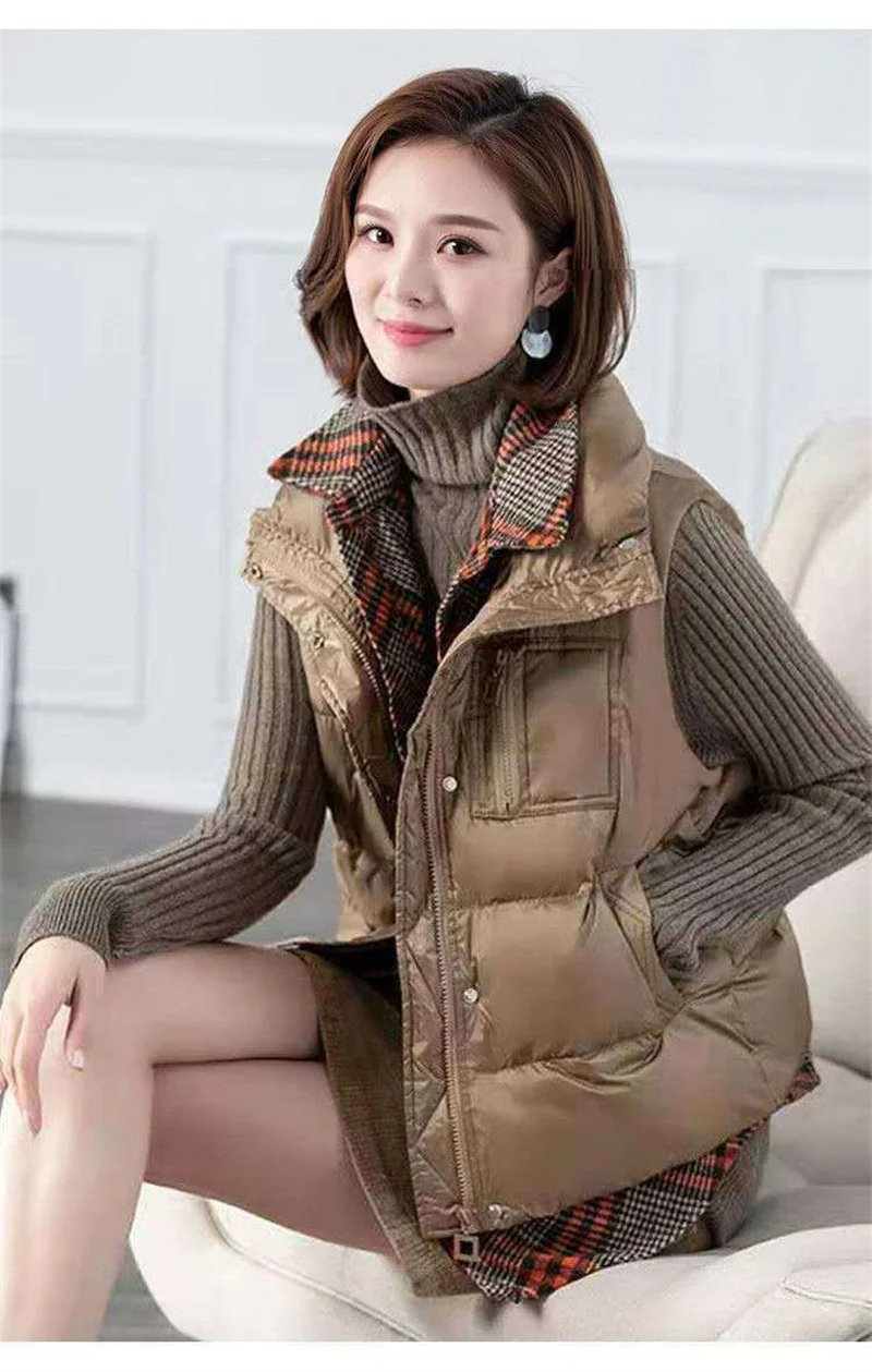 puffer coat with hood Celebrities Autumn Winter New Female Fashion Fake Two-Piece Stitching Plaid Thick Down Cotton Vest Loose Wild Jacket Women A867 long puffa coat