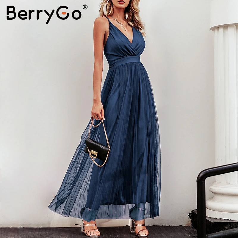BerryGo сексуальное длинное вечернее платье с глубоким v-образным вырезом женское элегантное Плиссированное осеннее платье с открытой спиной, Сетчатое платье для ночного клуба, женское платье