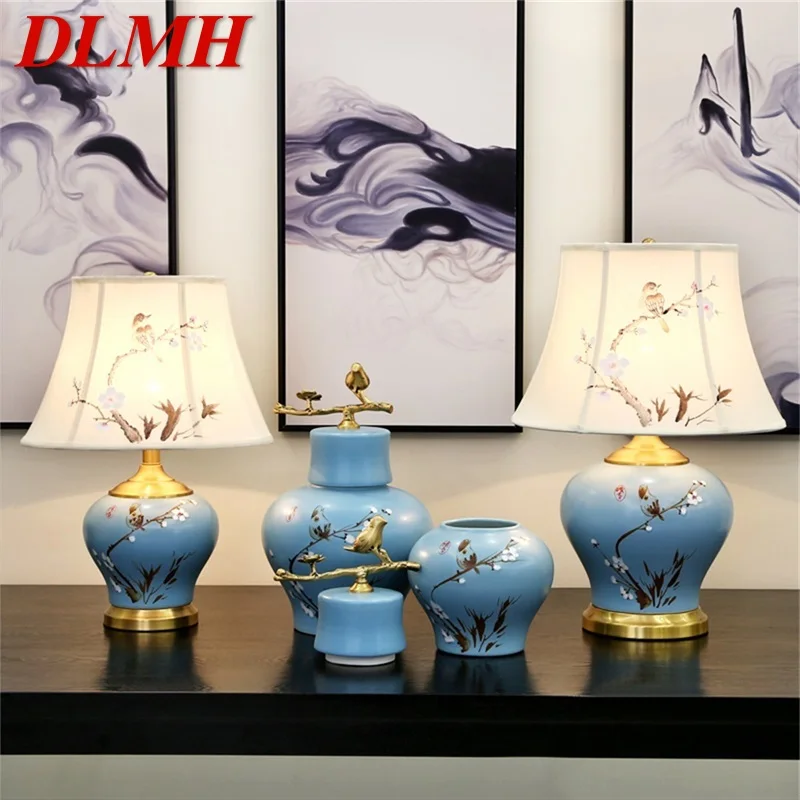 

DLMH Ceramic Table Lamps Blue Luxury Bird Brass Fabric Desk Light Home Decorative for Living Room Dining Room Bedroom