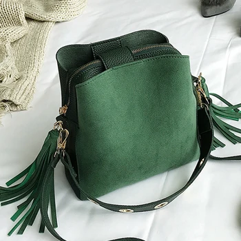 

2020 New Fashion Scrub Women Bucket Bag Vintage Tassel Messenger Bag High Quality Retro Shoulder Bag Simple Crossbody Bag Tote