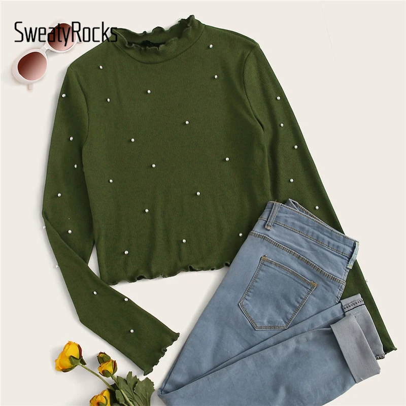 SweatyRocks ребристая трикотажная футболка с жемчужинами и бусинами по краям салата, уличная одежда, облегающие футболки и топы с воротником-стойкой, повседневные женские базовые футболки