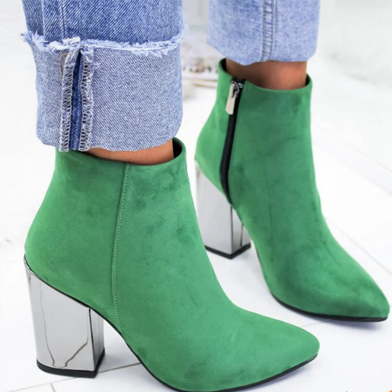 MCCKLE/женские осенние ботильоны на молнии; женская модная обувь из флока с острым носком на не сужающемся книзу высоком массивном каблуке; Повседневная модная женская обувь - Цвет: green