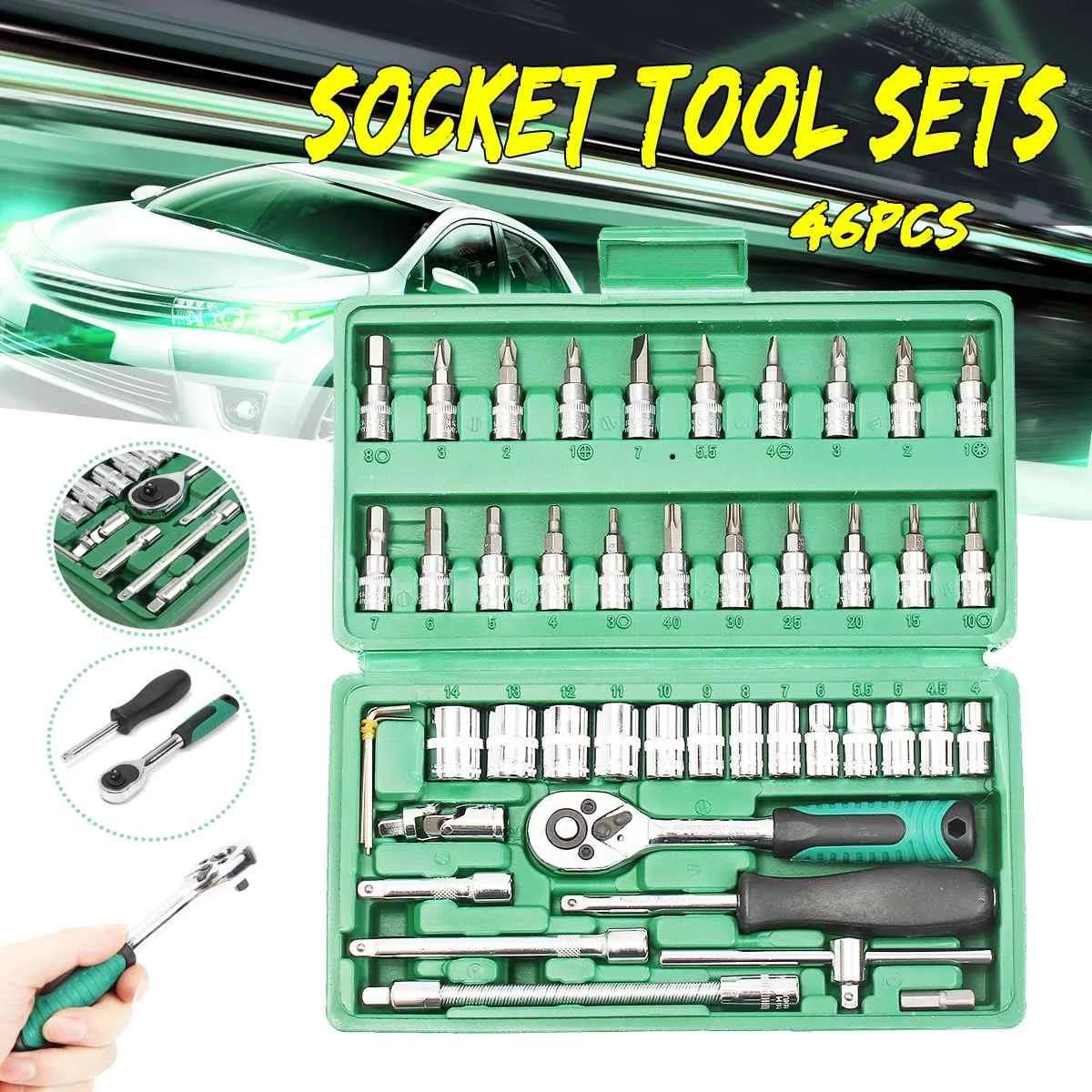 

46Pcs Spanner Socket Set 1/4" Screwdriver Ratchet Wrench Set Kit Car Repair Tool Stainless Steel Mechanical Hand Combination