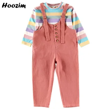 

Fashion Girls Clothing Set 4-13 Year Chic Coloblock Striped Long Sleeve T Shirt+Patch Button Suspender Pants Set Children Autumn