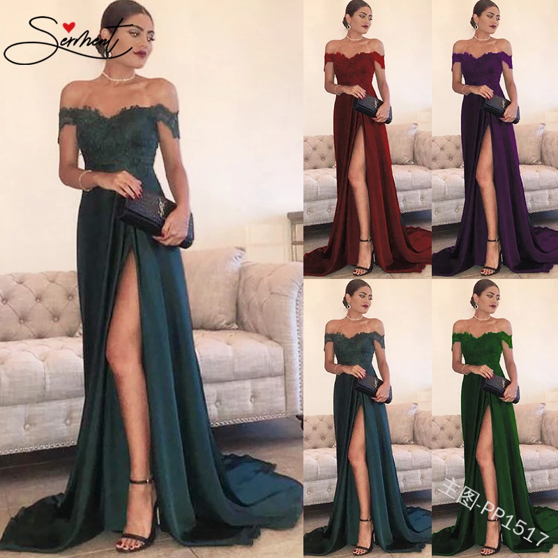 

SERMENT Elegant Sexy Word Shoulder Split Lace Dress 50cm Trailing Suitable for Formal Evening Party Banquet Lacework Long Dress