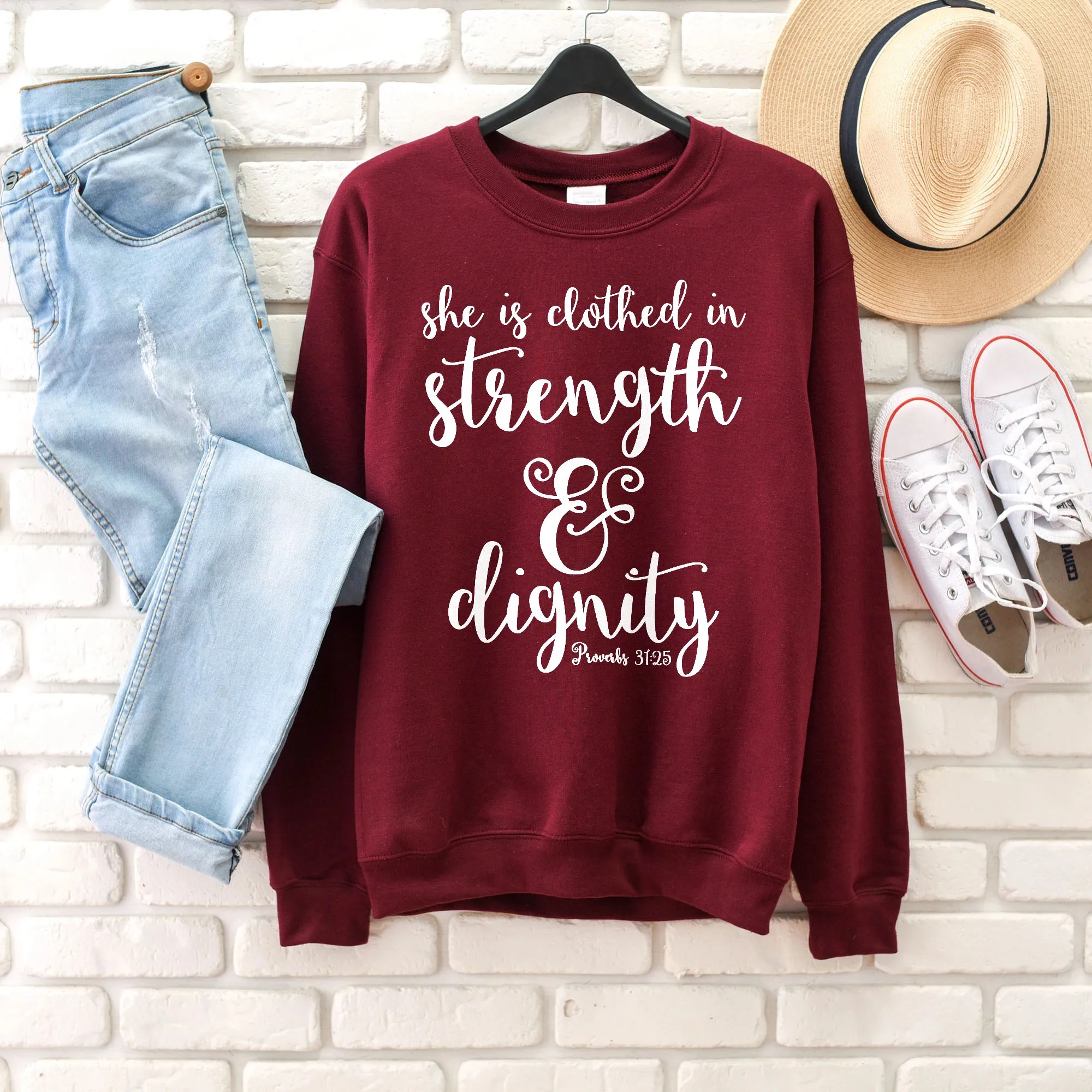 

She is Clothed in Strength and Dignity Sweatshirt women slogan gunny quote religion Christian Bible baptism pullovers girl tops