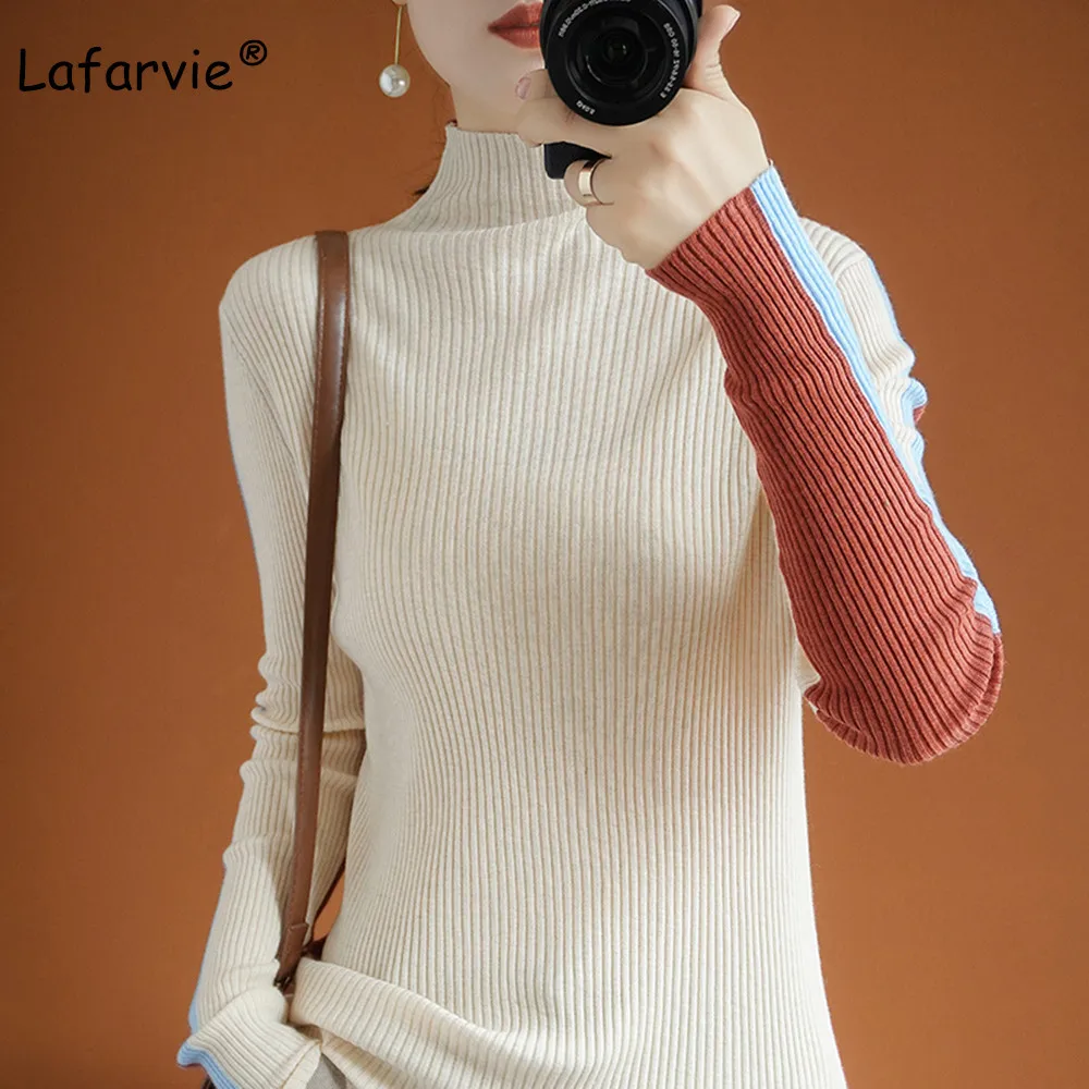

Lafarvie Slim Cashmere Turtleneck Sweater Women Patchwork Front Back Oversized Knitted Pullover Women Clothing 2020 Jumper Mujer