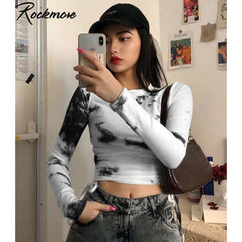 

Rockmore Tie Dye T Shirt Ladies Bodycon Drawstring Bandage Shirts Women O-Neck Long Sleeve Crop Top Streetwear Vintage Tshirt