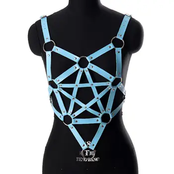 

Gothic Harness Leather Sexy Lingerie Pentagram Chest Hollow Out Top Metal Strap Body Bondage Bustier Suspender Women Bra Adjust