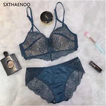 

SXTHAENOO Underwear Set Female Bra Push UP Thick Cotton Bra Gather Sexy Bra Panty Sets Embroidery Lace Lingerie Set