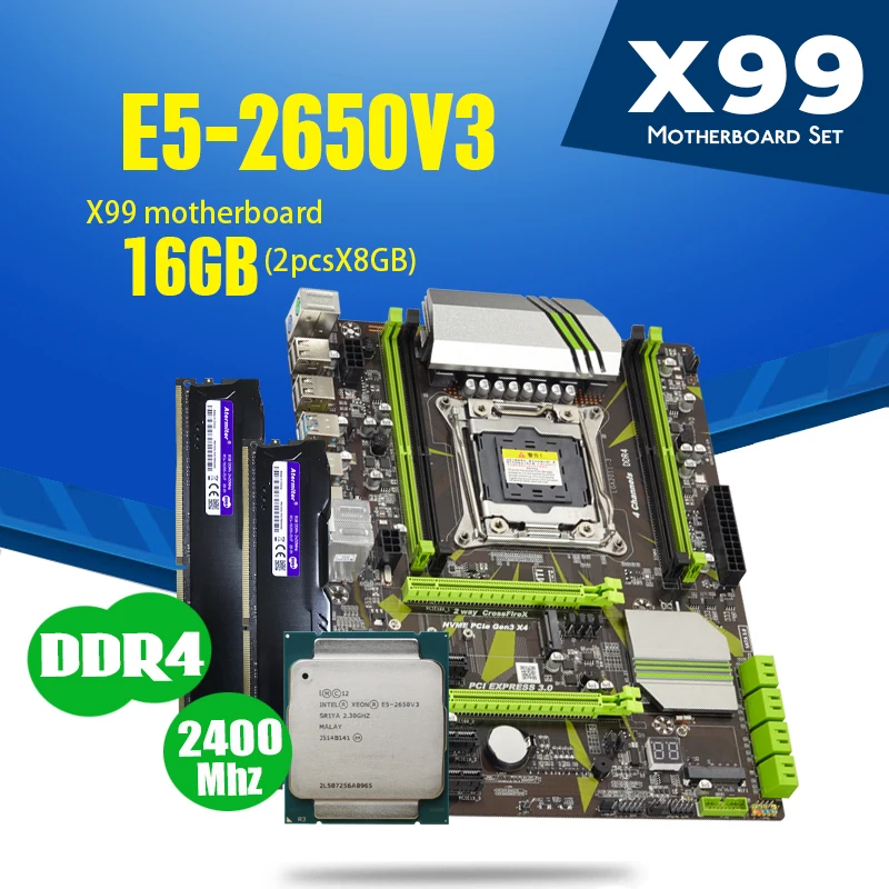 Комплект материнской платы atermiter X99 D4 с Xeon E5 2650 V3 LGA2011 3 CPU 2 шт. X 8 ГБ = 16 2400 МГц DDR4