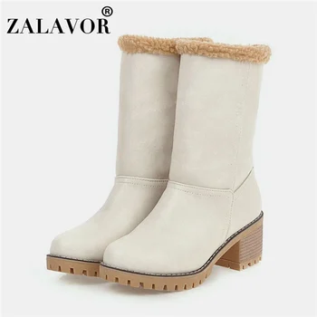 

ZALAVOR Plus Size 34-46 Lady Mid Calf Boots Office Calssics Zipper Chunky Heels Winter Shoes Woman Round Toe Simple Footwear