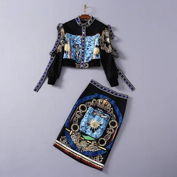 

European and American women's wear 2020 winter new style Long-sleeved stand-up collar retro print coat skirts Fashion suits