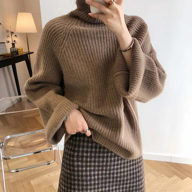 CamKemsey Winter Women Harajuku Knitted Sweaters Autumn Lazy Loose Thicken Turtleneck Sweaters And Pullovers - Цвет: Khaki