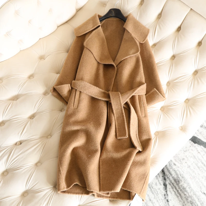 

100% Wool Spring Womens Wool Coats Winter Cashmere Coat Alpaca Plus Size Long Women's Woolen Coat Solid V-neck Female Overcoat