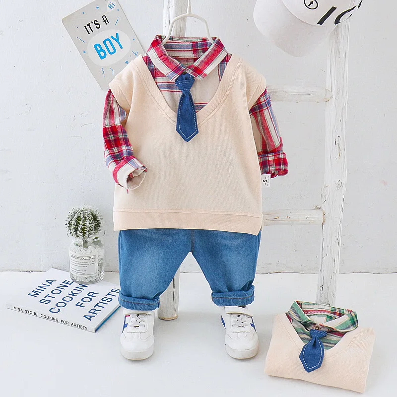 

2020 Spring And Autumn Infants Child Baby Plaid Shirt Collar Joint False Three-piece Set CHILDREN'S Sweater
