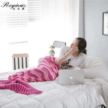 

REGINA 2020 Summer Crochet Sleeping Bag Soft Knitted Mermaid Tail Blanket Fashion Hollow-out Contrast Color Plaid Boho Blanket