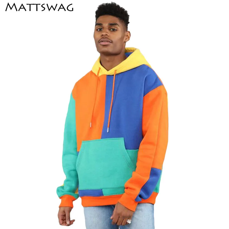 

MATTSWAG Colorful Patchwork Mens Hoodies Sweatshirts 2020 Autumn Winter Stylish Hip Hop Pullover for Men Casual Loose Streetwear