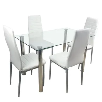 

110cm Dining Table Set Tempered Glass Dining Table with 4pcs Chairs Transparent & Creamy White Dinning Desk