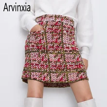 Arvinxia ZA Модные клетчатые женские юбки с высокой талией, сексуальные свободные карманы, низ, Новое поступление, Геометрическая декоративная Женская юбка с бисером