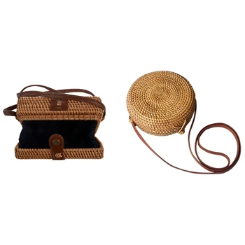 

INS New Ladies Hand-Woven Satchel Square Rattan Retro Literary Package with Straw Beach Crossbody Bag Tops(B)