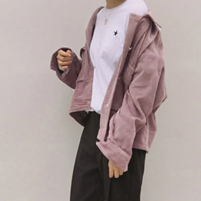 new fall Women baseball Corduroy Jacket Top loose lapel Shirt Coat Casual Vintage Oversize solid color cool short jackets