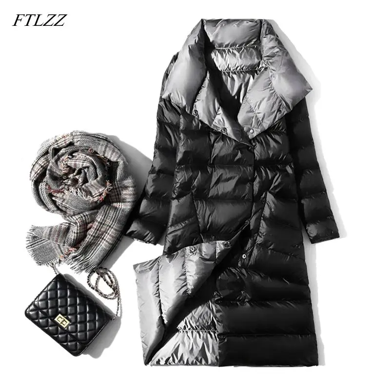 Черный FTLZZ, ультра легкий пуховик, женский, зимний, двухсторонний, тонкий, белый, утиный пух, пальто, однобортный, водолазка, теплый, парка - Цвет: Черный