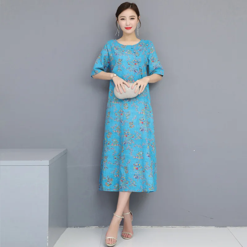 

2019 Summer New Style Cotton Linen Large Size Literature And Art Retro Printed Short Sleeve Loose-Fit Slimming Dress