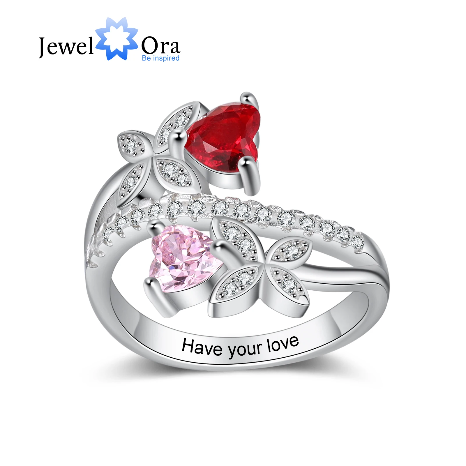 

JewelOra Personalized Butterfly Engraved Ring with 2 Heart Birthstones Cubic Zirconia Paved Wedding Engagement Rings for Women