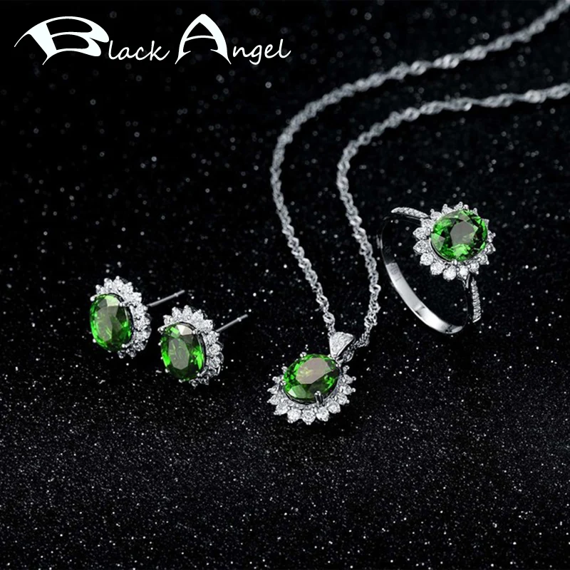

BLACK ANGEL 925 Silver Created Emerald Green Tourmaline Jewelry Set Stud Earrings Necklace Ring For Women Wedding Christmas Gift