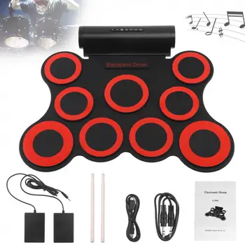 

Electronic Roll up Silicone MIDI Drum 9 Pads Double Speakers Stereo Electric Drum Kit with Drumsticks and Sustain Pedal