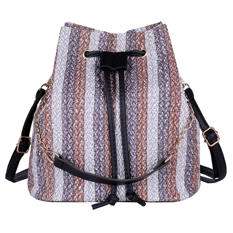 

ABZC-New Drawstring Women'S Straw Bucket Bag Summer Woven Shoulder Bags Shopping Purse Beach Handbag Straw Handbags Travel Bag