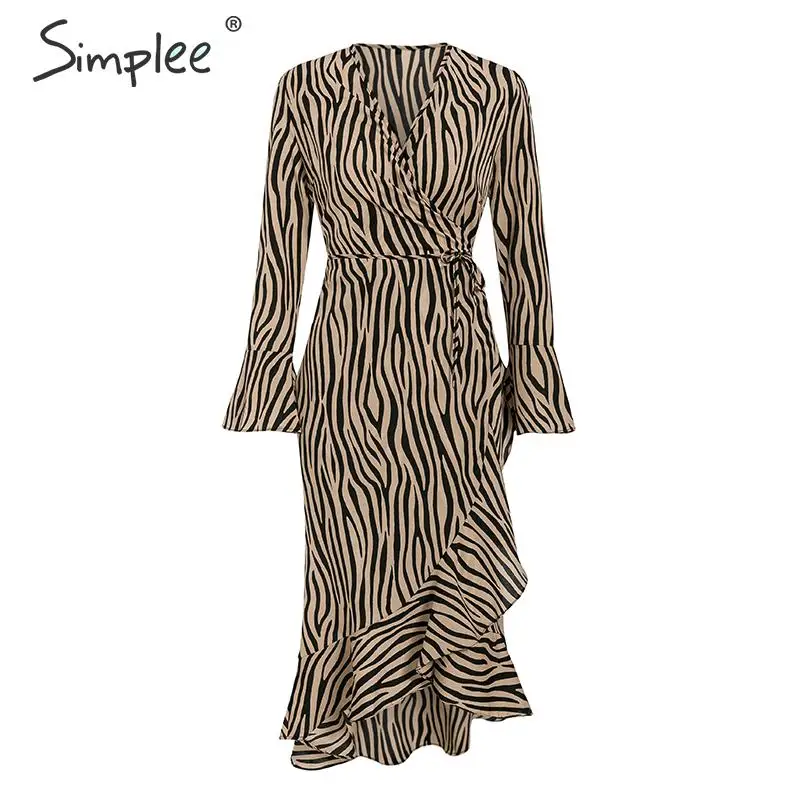 Simplee женское платье Vintage зебра в полоску с длинным рукавом с рюшами Осень зима женская вечеринка платье миди - Цвет: Хаки