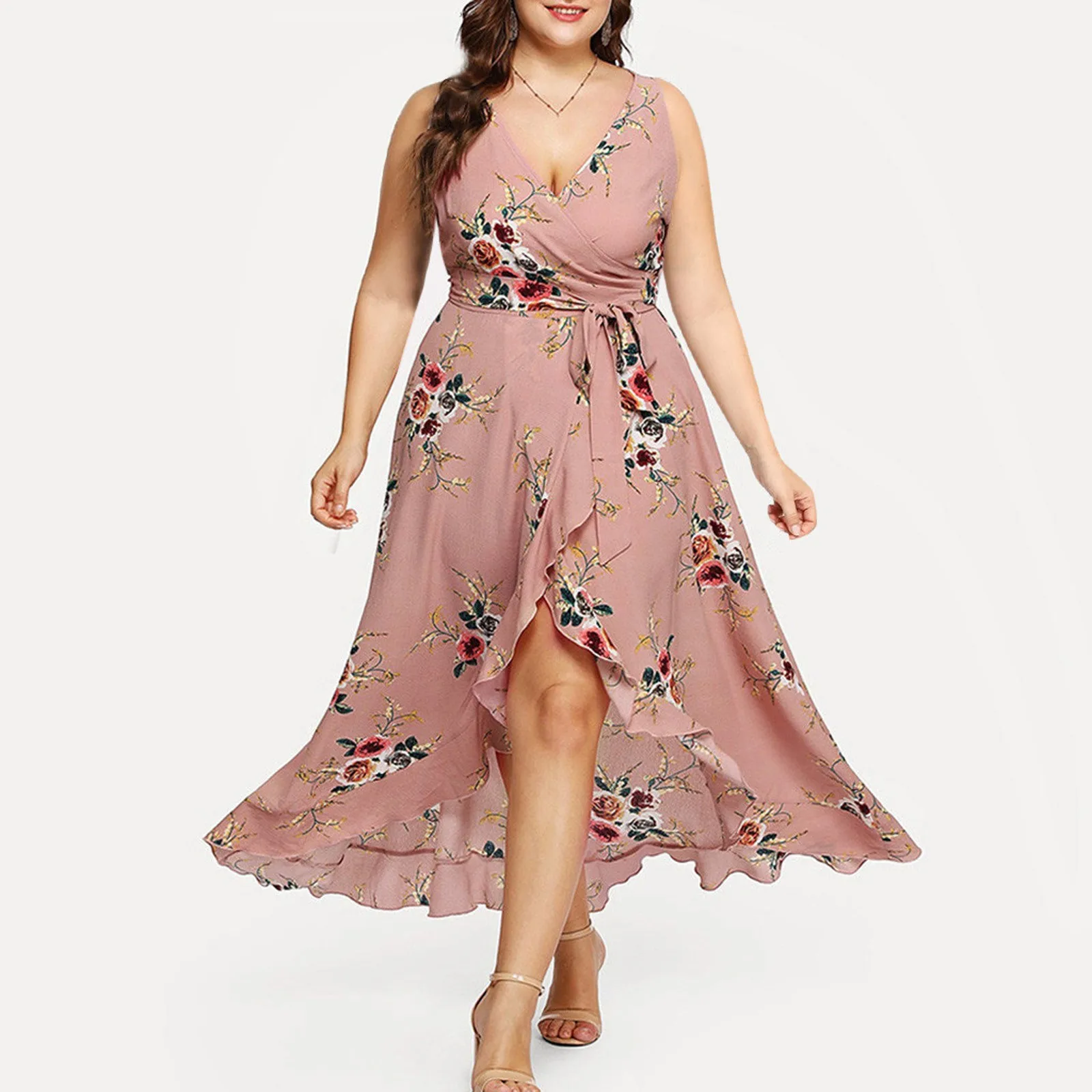 2021 New Dress Women's Casual High Waist Belly Concealing V-Neck Dress For Female Floral Print Plus Size Dresses Vestido Verano 1