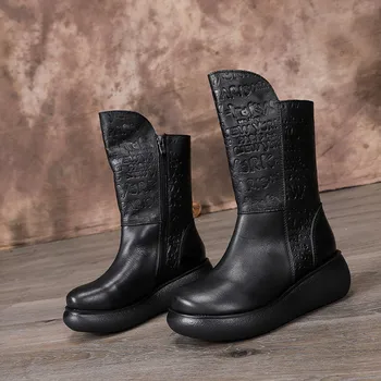 

Handmade Genuine Leather Long Booties Women High Heel Cowboy Boot Fashion Casual Wedge Shoes D Knight Retro Women Mid-Calf Boots